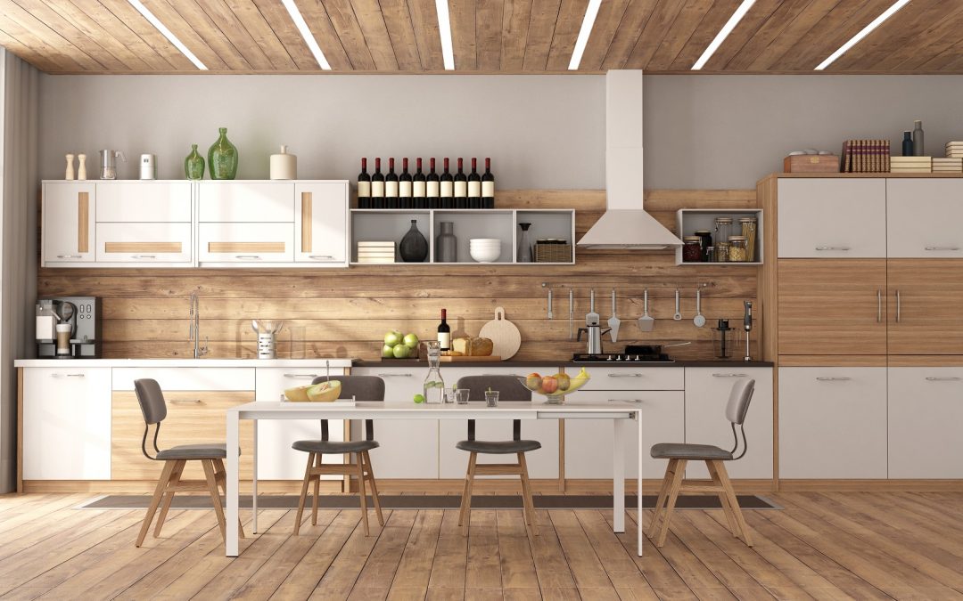 Modern white and wooden kitchen with dining table on hardwood floor - 3d rendering